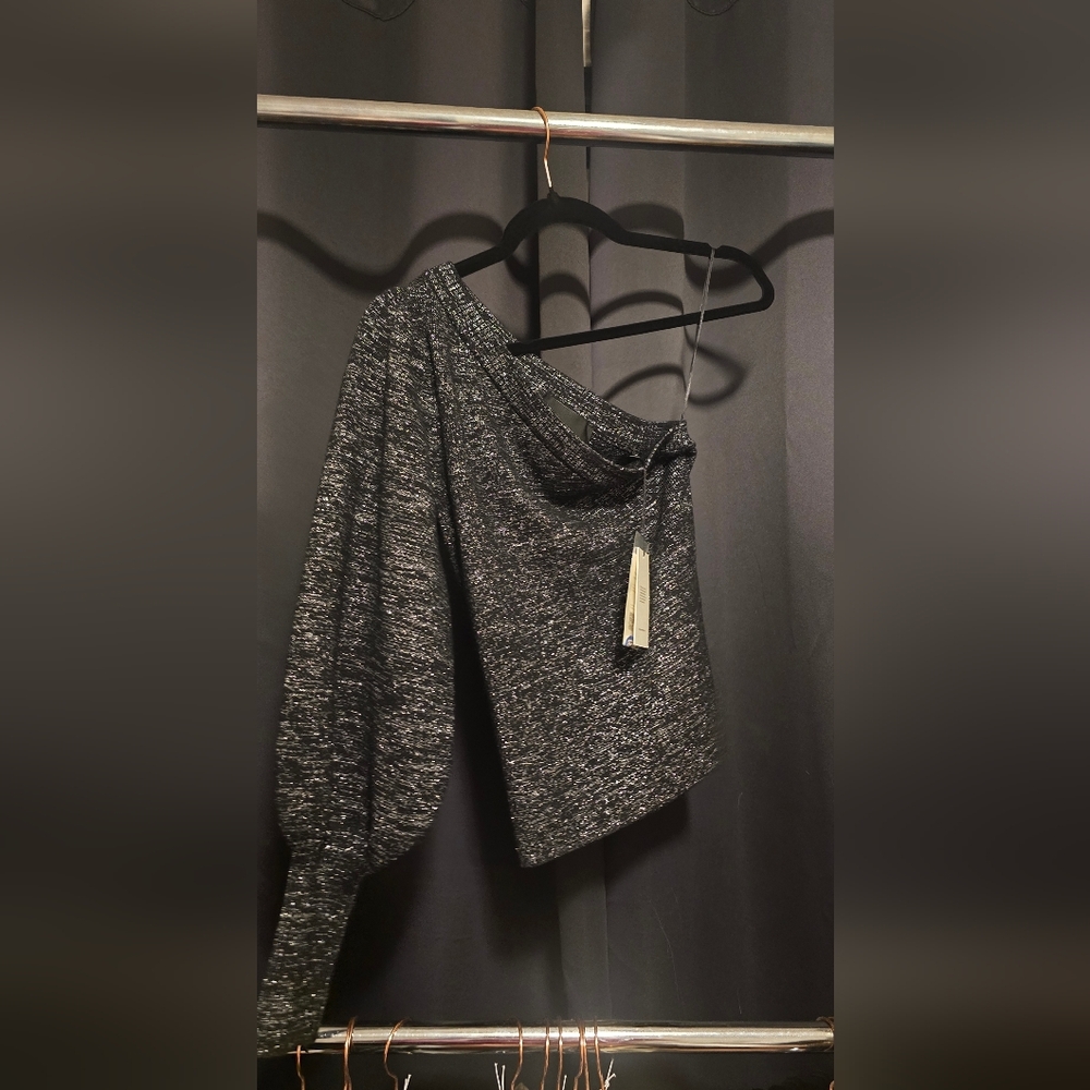 7 For All Mankind Off The Shoulder Black And Silver Metallic Knit Sweater NWT XS